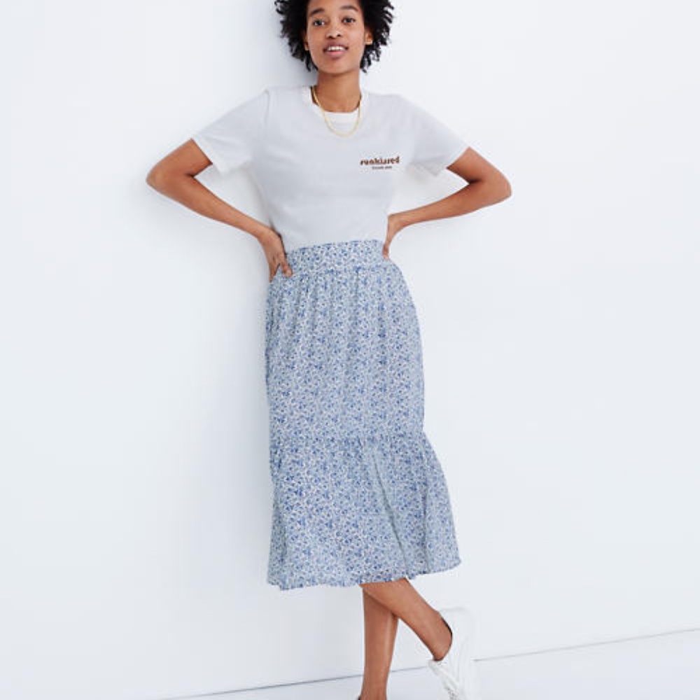 Madewell Blue Floral Skirt size L Ruffle Peasant